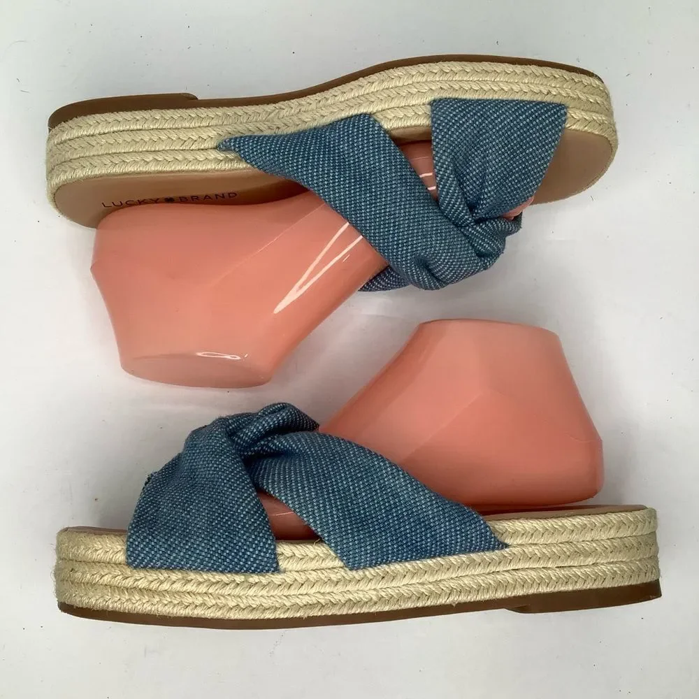 Lucky Brand Espadrilles Slip On Denim Blue Twist Knot Platform Sandals Sz 9.5M